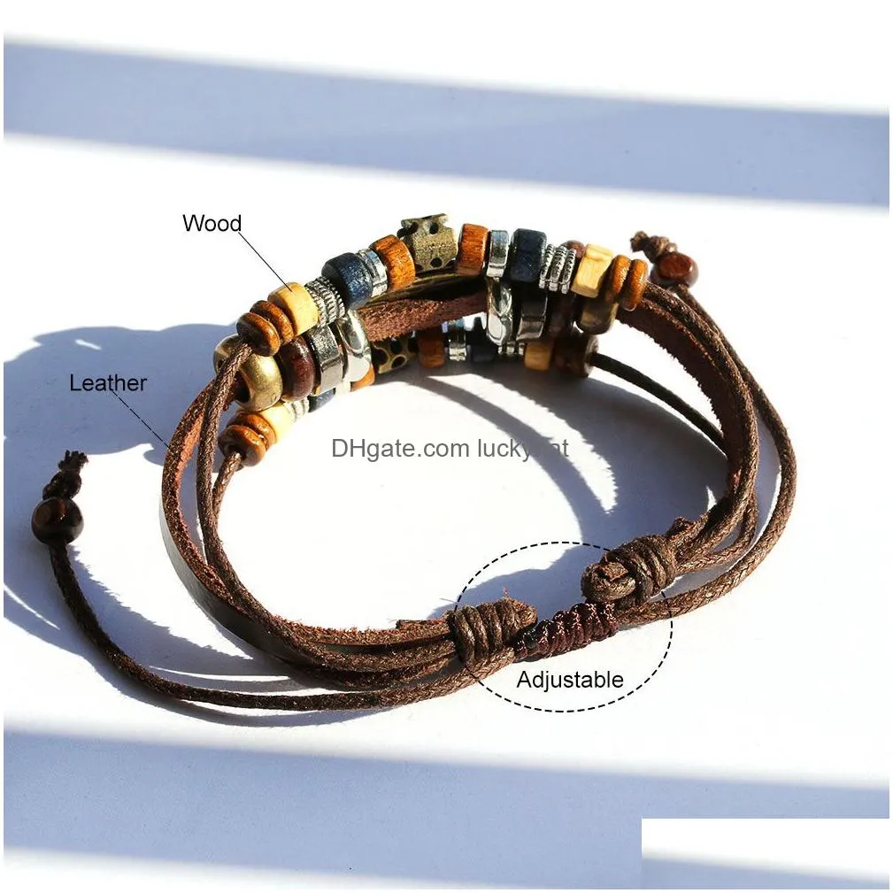 vintage evil lucky eye multilayer leather bracelet for women men adjustable size wood alloy beads charm bracelet fashion jewelry gift