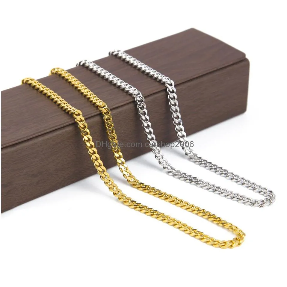 2.5mm/5mm mens 14k gold plated solid cuban curb link chain stainless steel neckalces hip hop jewelry