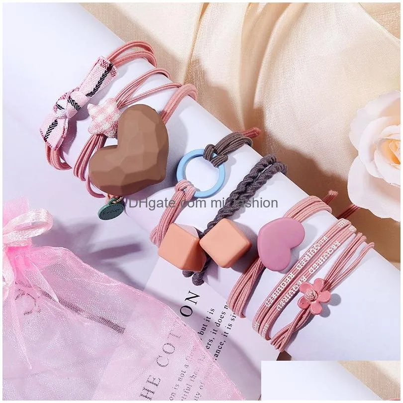 8pcs/set korea resin heart star bow cube charm hair holder rope headband ponytail holders elastic haircuff ties girl women jewelry