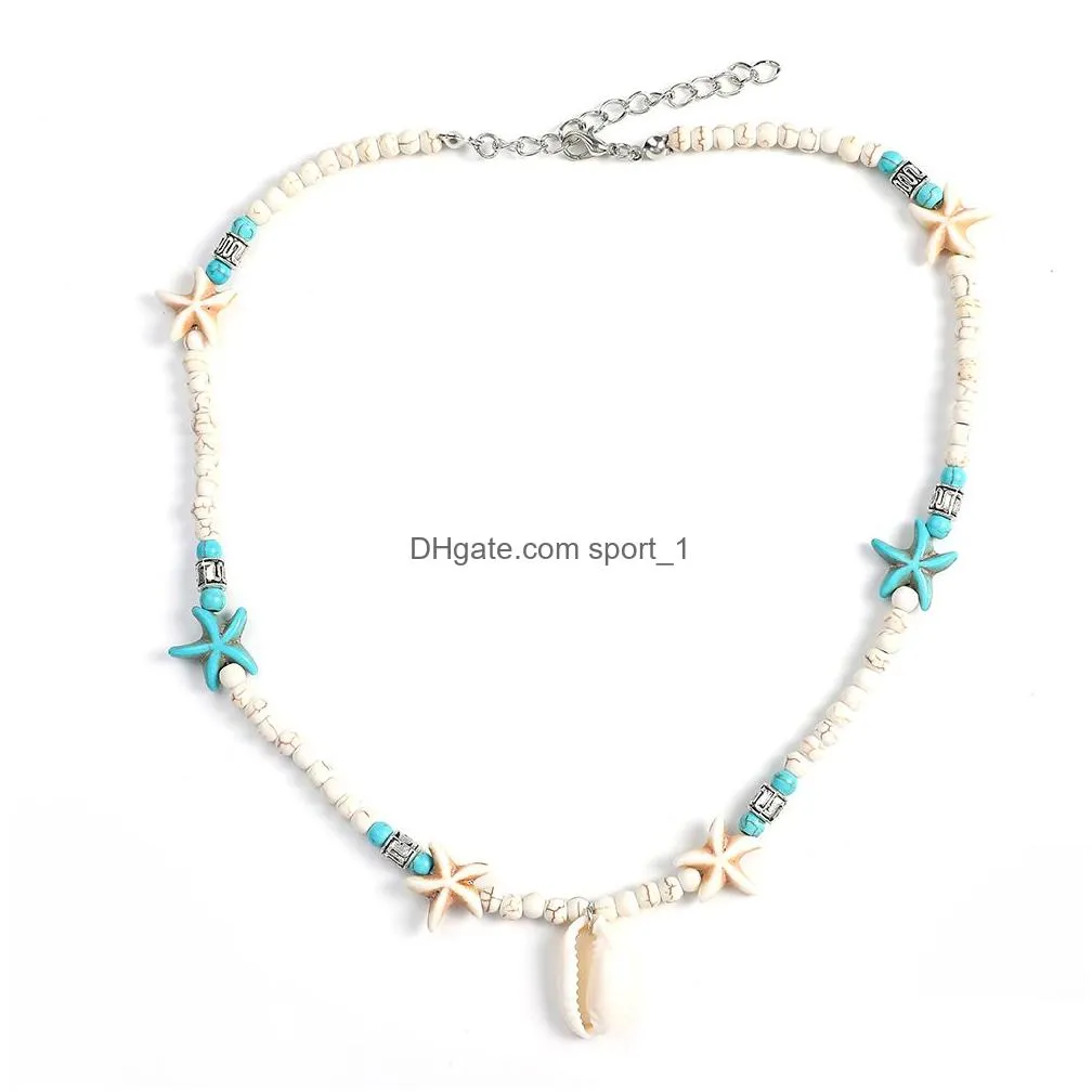 2019 fashion shell starfish pendant choker necklace for women green white nature stone beads chain necklace trendy jewelry gift