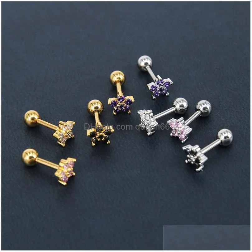 4 color small flower 5a flash zircon stud earrings for women girl titanium steel gold silver studs earrings elegant jewelry