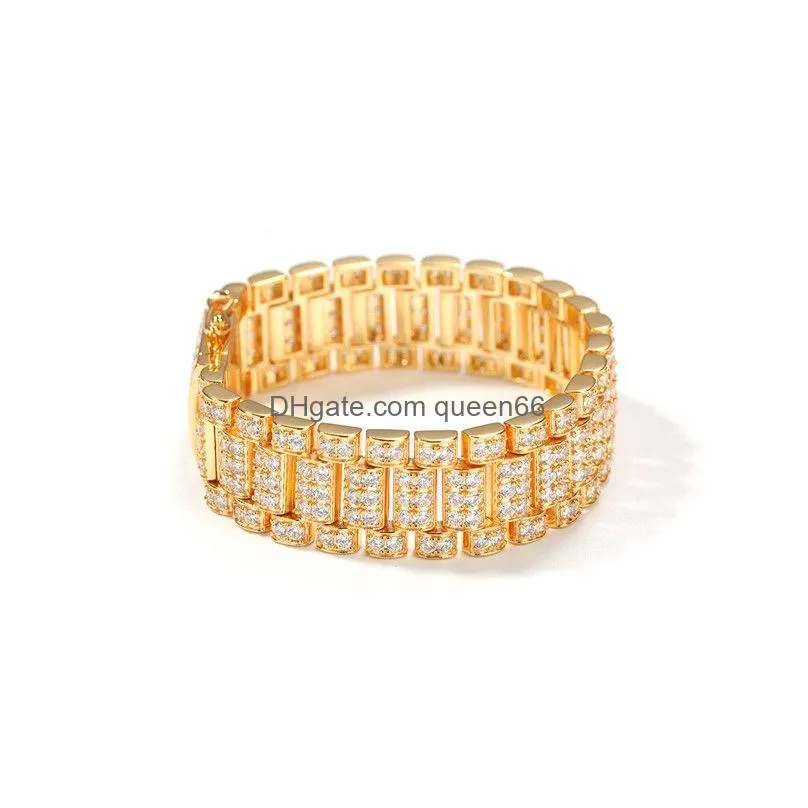 18mm wide street punk tide band bracelet micro paved cubic zirconia bling full diamond iced out gold silver watch band link chain