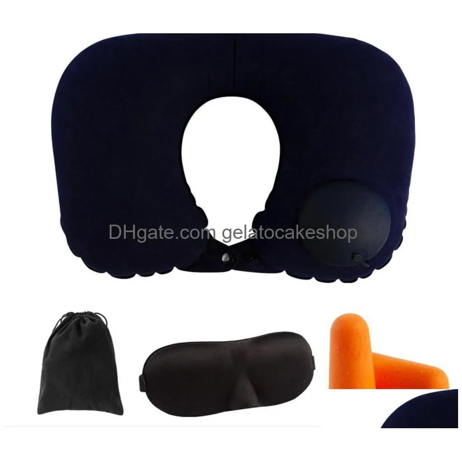 wholesale 3 in 1 travel set inflatable ushaped neck pillow air cushion add sleeping eye mask eyeshade add earplugs car soft pillow