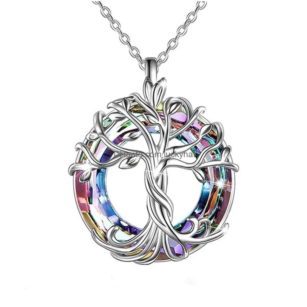 silver celtic family tree of life necklace for women round rainbow crystal pendant birthday gift for girls friends mom wholesale