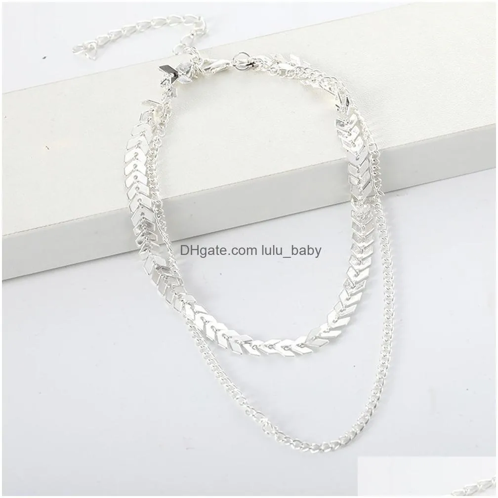 2021 est multilayers choker necklaces for women sweet girls fishbone airplane shape gold color necklace flat hollow thick chain fashion jewelry party