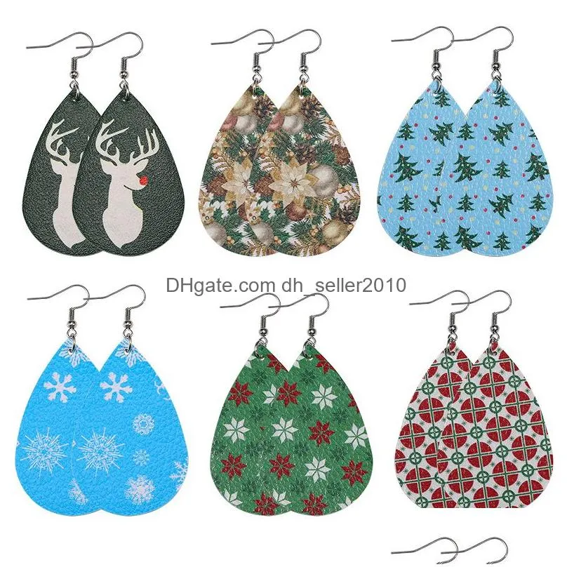 new christmas tree pu leather dangle earring for women girl fashion water drop double side snowflake gloves deer pattern design jewelry