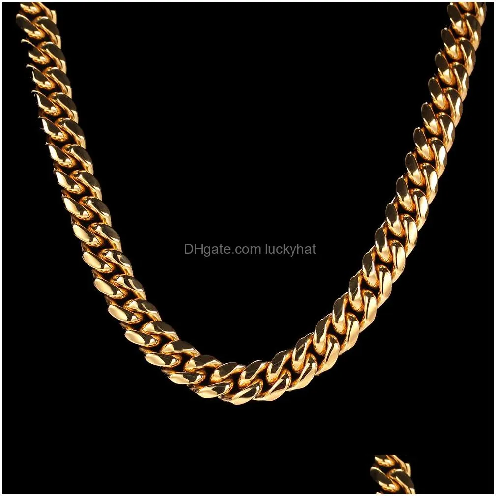 18k gold plated tone stainless steel mens necklace chains curb cuban link chain with diamond iced out keylock buckle hip hop fashion