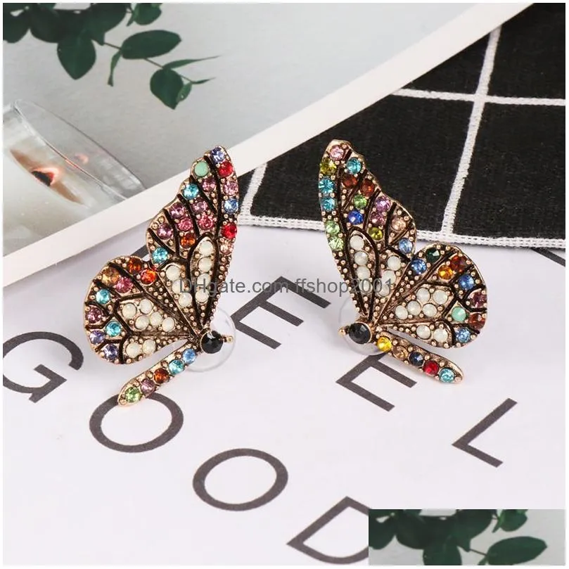  butterfly wing stud earring for women elegant colorful crystal ear nail simple temperament gold plating earring jewelry gift