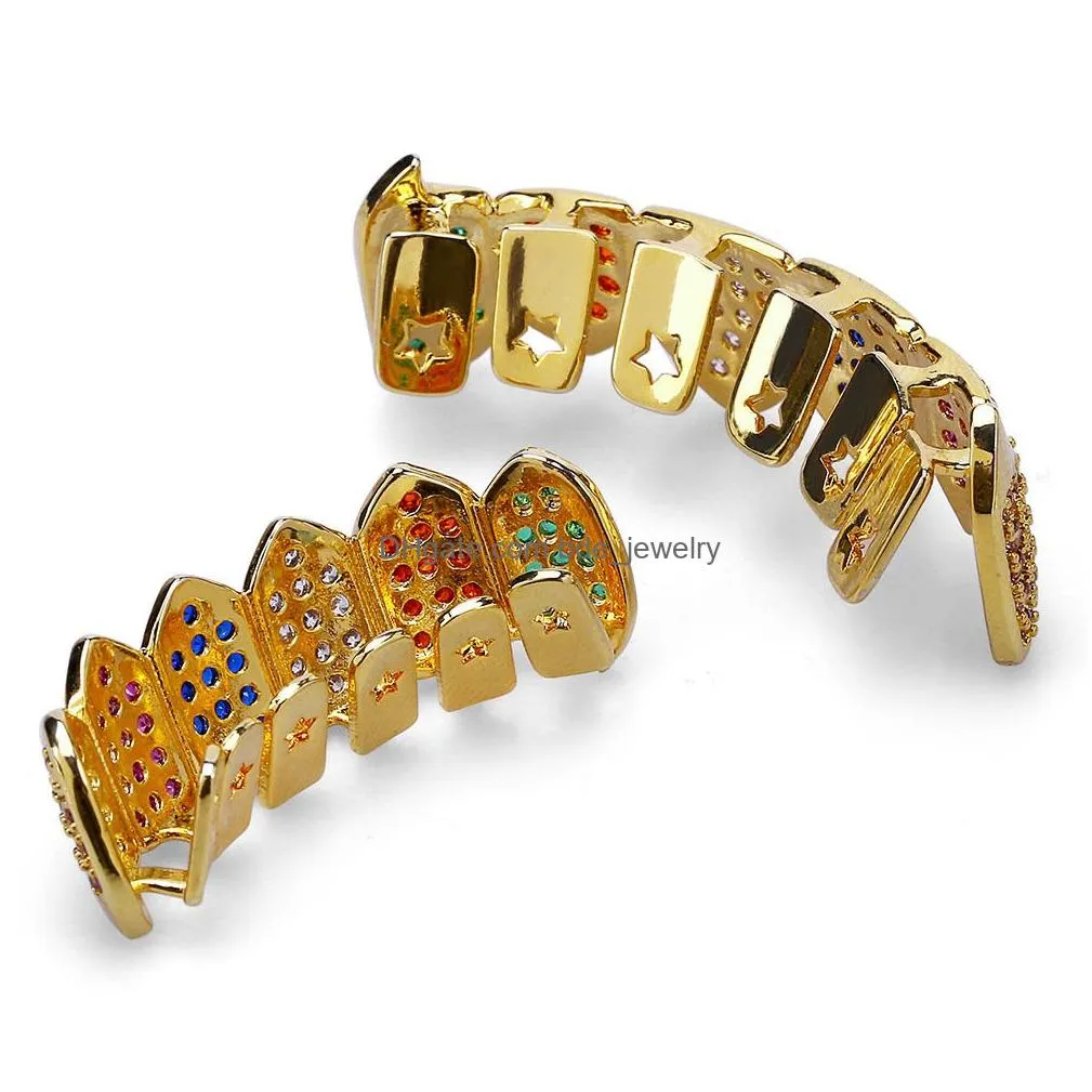 gold teeth grillz multicolor micro pave cz bling cubic zirconia top bottom grillzs hip hop jewelry