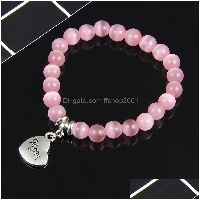  est arrival 8mm tiger eye pink white opal agate strands bracelets for women men elastic natural stone mom heart charm beaded