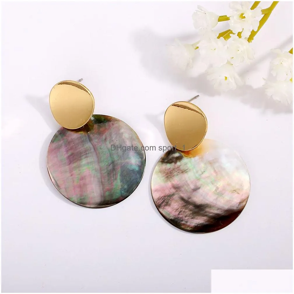 2019 geometric natural shell dangle earring for women gold plating copper double circle hollow earring fashion jewelry 2019