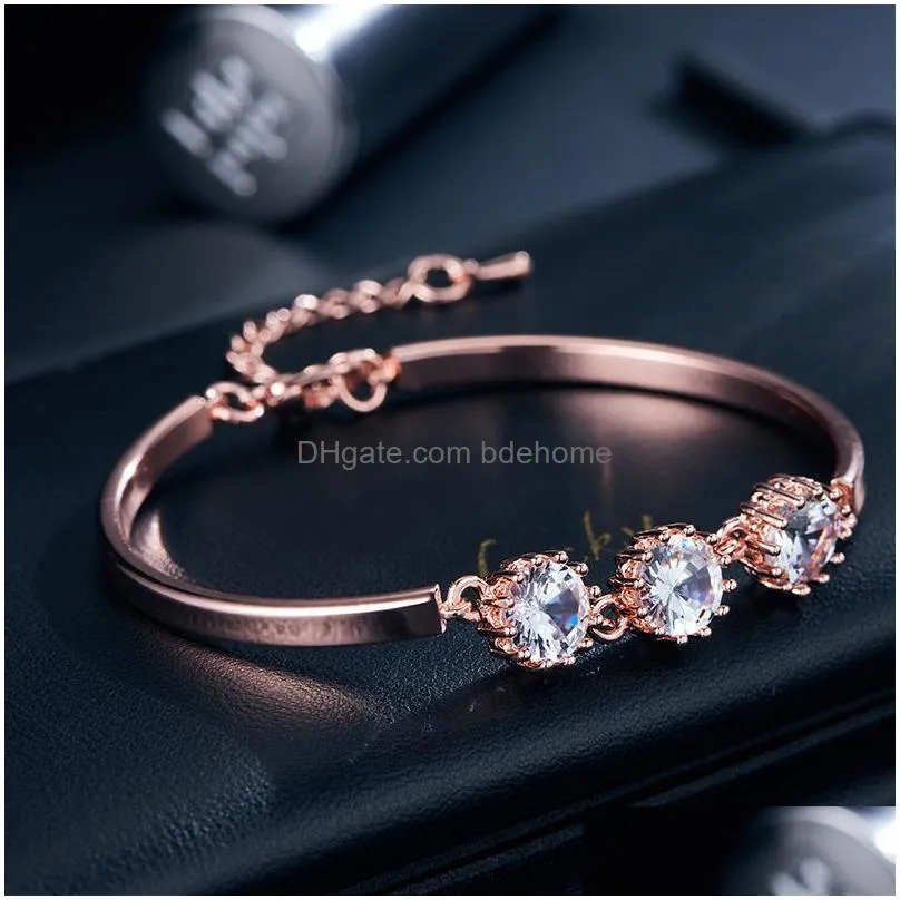 new fahion 18k rose gold plated charm bangle bracelets cubic zirconia cz crystal bling adjustable chain women party jewelry gifts