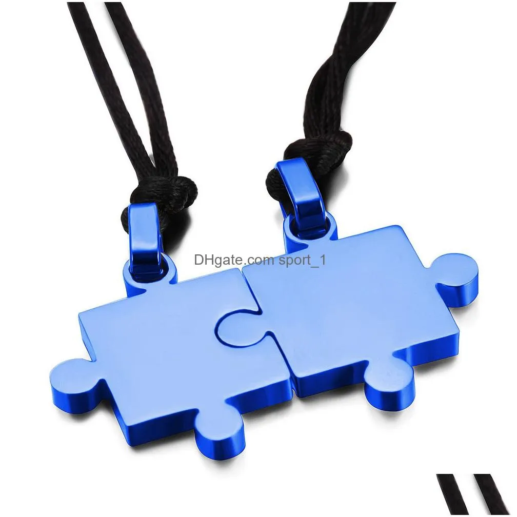 2pcs/set fashion smooth jigsaw puzzle pendant necklace for women and men black rope stainless steel couple necklace lovers gift