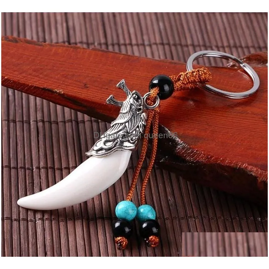 creative women and men imitation wolf tooth pendant keychains retro tassel keyrings charm car key accessories