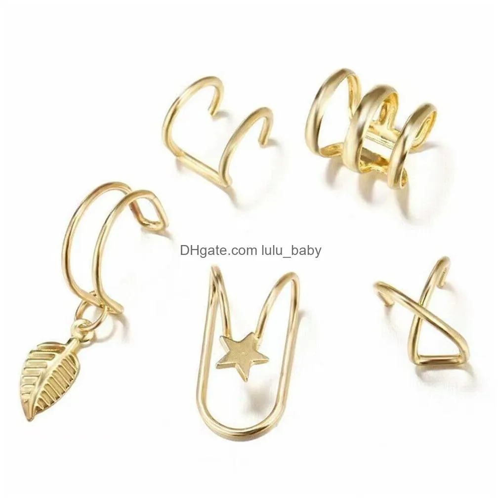 korean fashion gold leaves dangle ears cuff black nonpiercing ear clips fake cartilage earring clip earrings for women men wholesale