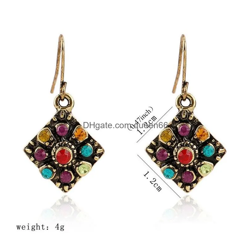  bohemian ethnic vintage golden colorful crystal earrings for women fashion square hook dangle earring jewelry gift