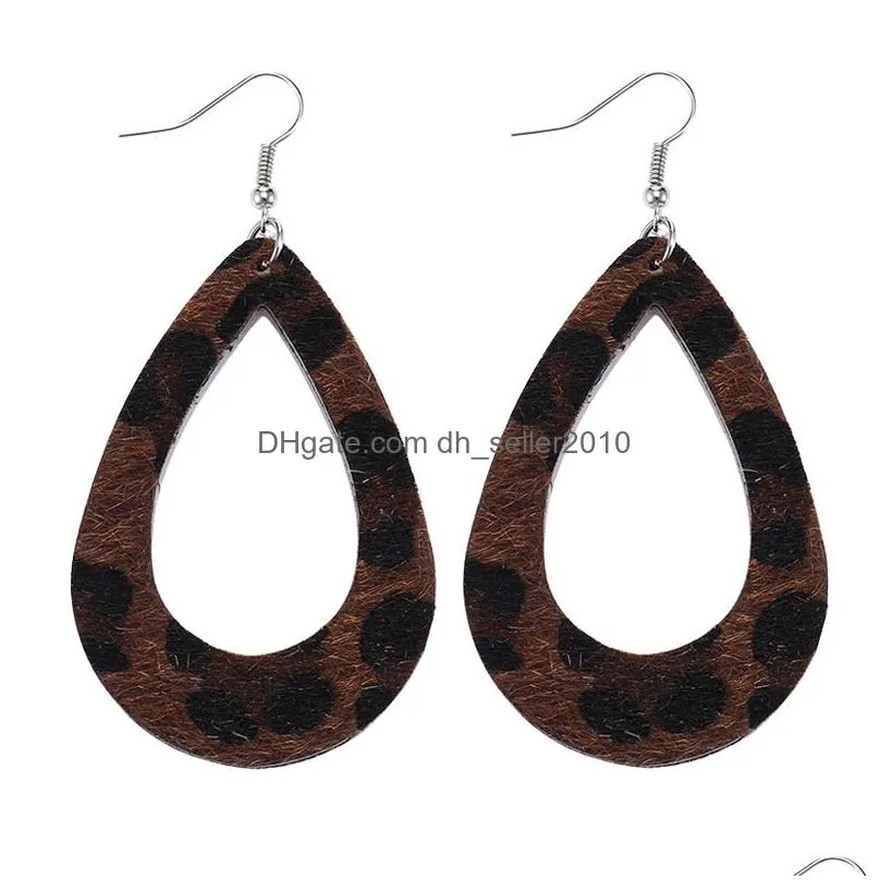 new leopard print water drop leather earrings for women boho hollow out teardrop dangle earring charming pendant hook earring jewelry