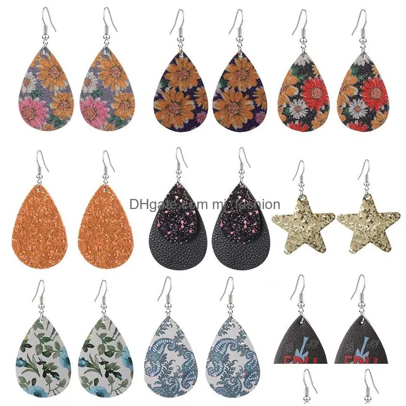 2020 new light weight leather earrings for women girlsl flower leaves owl print bohemian earrings teardrop party wedding earrings