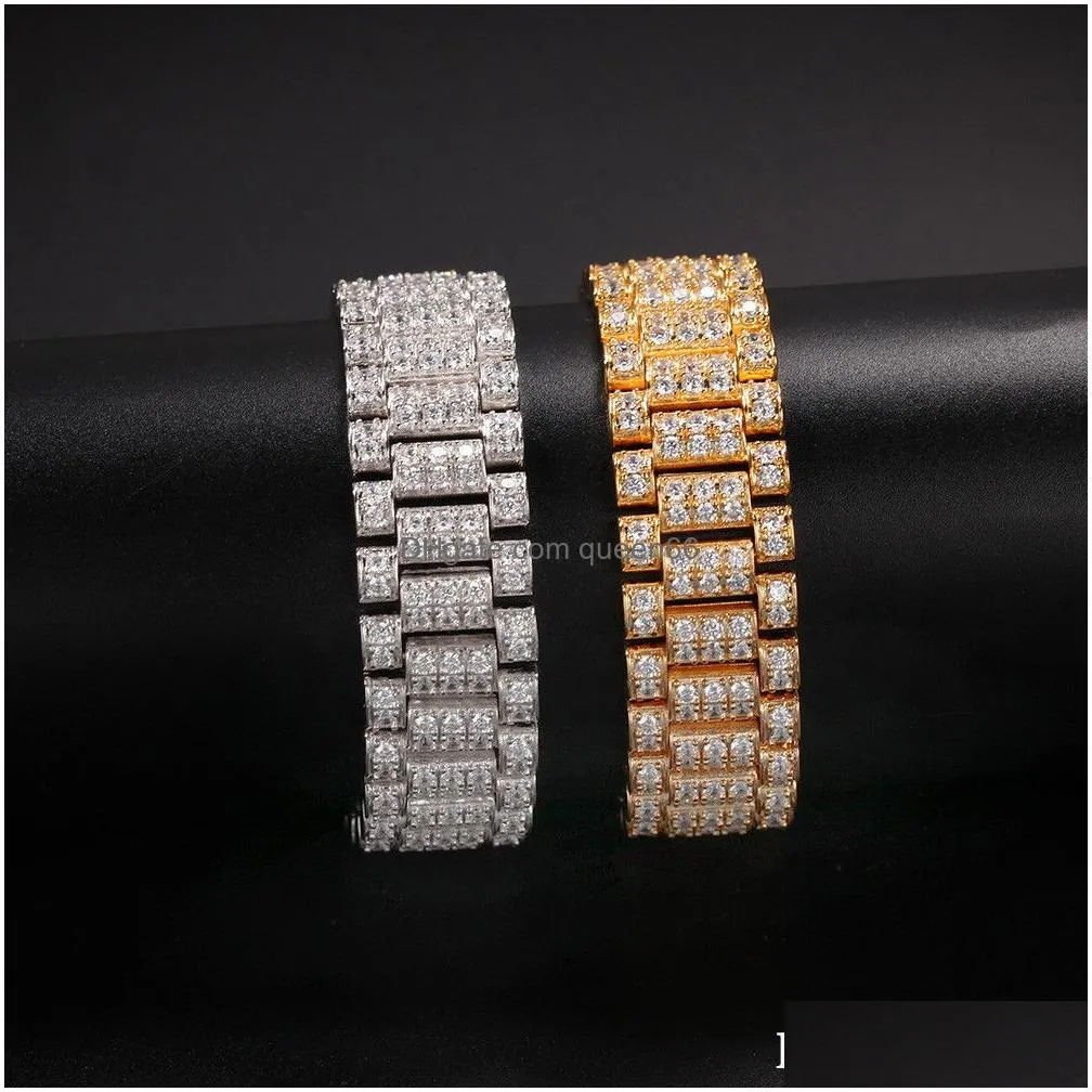 18mm wide street punk tide band bracelet micro paved cubic zirconia bling full diamond iced out gold silver watch band link chain