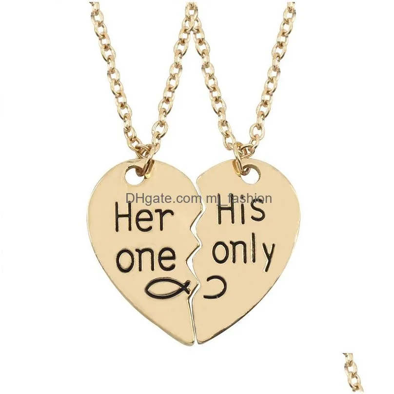 2pcs/set carved her one his onlywork heart necklaces for women and men creative alloy pendant necklace christmas gift