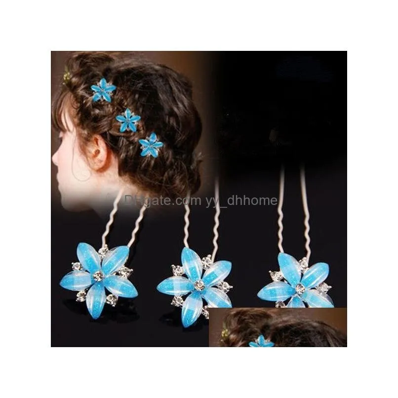 fashion flower crystal hair clips hairpin for women wedding party updo bun u shaped hair pin jewelry