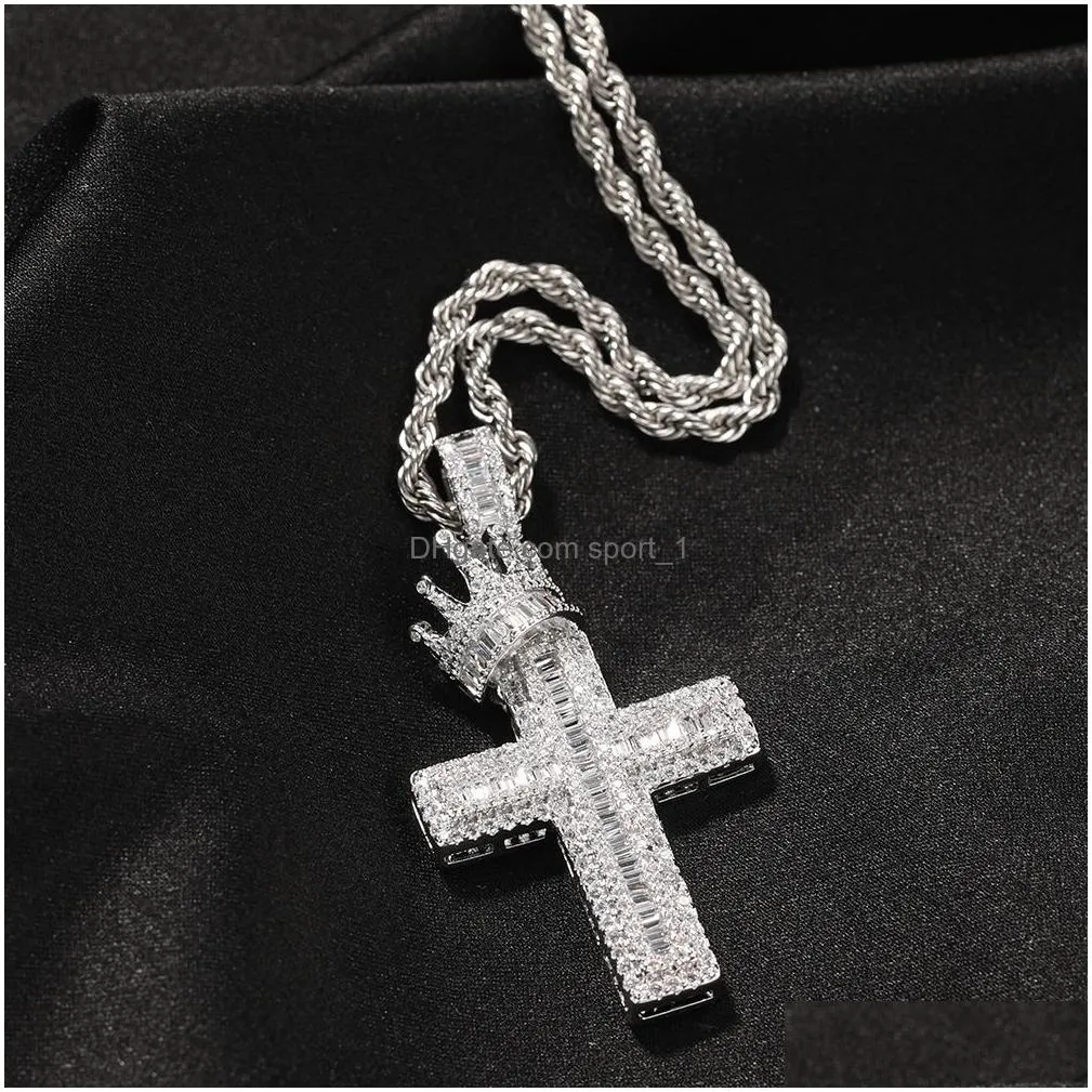 cubic zircon diamond cross necklace hip hop heavy iced out crown pendant necklaces