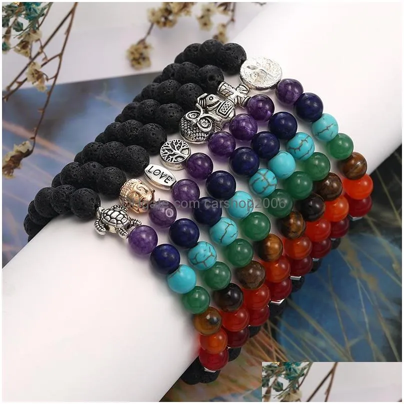 buddha head charm lava stone beads bracelets natural black  oil diffuser bracelet volcanic rock beaded yoga 7 chakra men