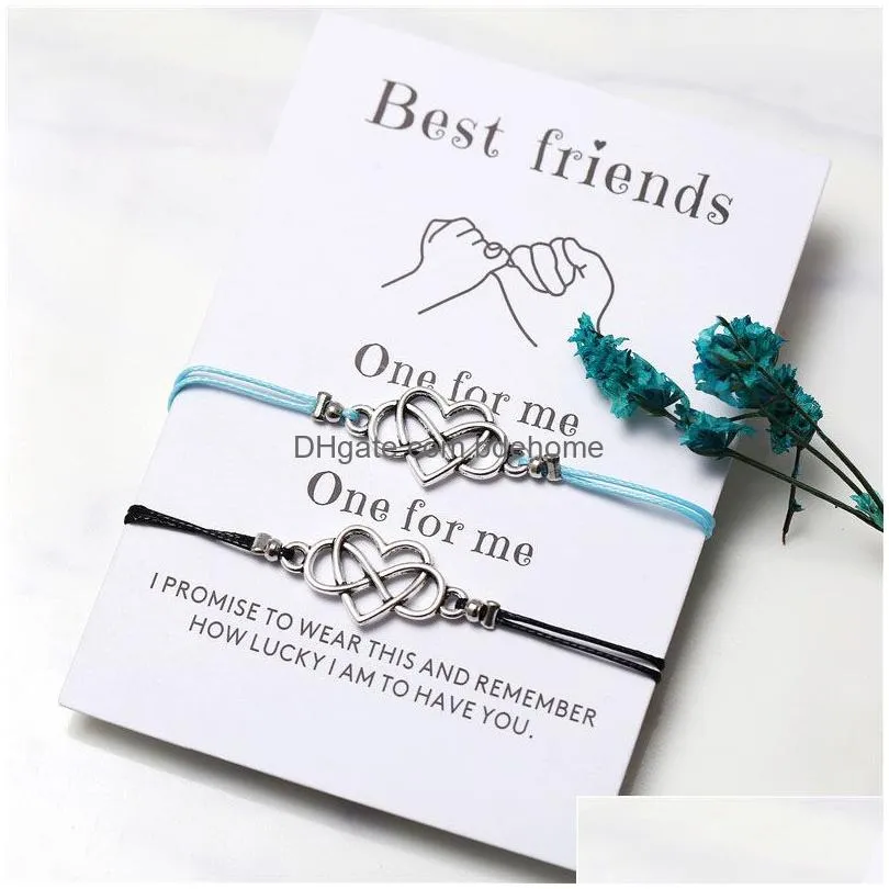 2019 new boho wax rope heart bracelet with best friend card 2 pcs /set handmade braided rope chain charm bracelets for women men