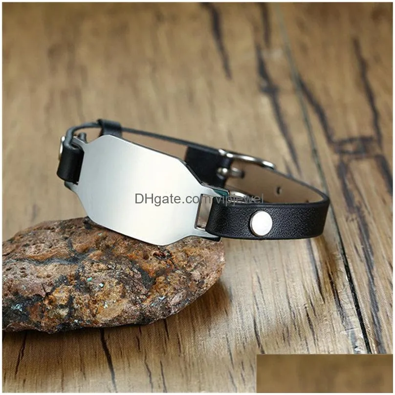 dog tag leather bracelet stainless steel mens bracelet personalized diy custom engravable name bangle gift blank adjustable bracelet