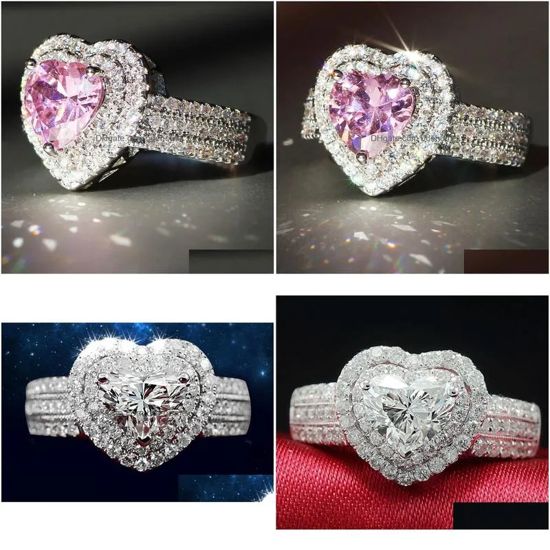 new womens wedding rings fashion silver pink heart gemstone engagement rings jewelry simulated diamond ring for wedding