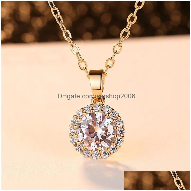 18k gold plated round cut micro cz pendant necklace cubic zirconia halo cluster chain lovers day solitaire high quality crystal wedding anniversary