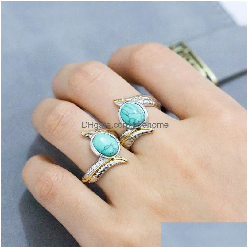 vintage personalized feather turquoises ring fashion jewelry silver color turquoises rings for women wedding finger ring wholesale