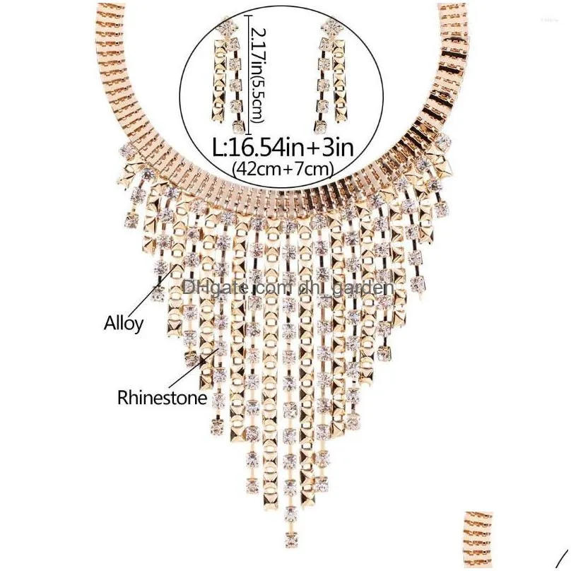 necklace earrings set fashion gold plated jewelry layered cubic zirconia tassel long and choker for women