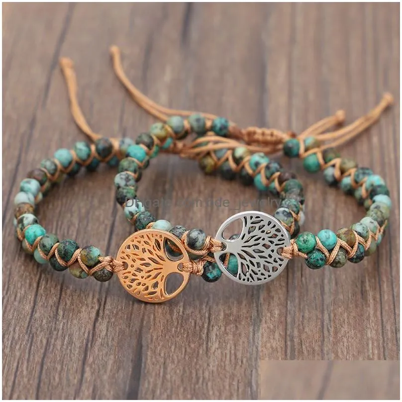 natural stone tree of life charm strand bracelet for women handmade double layer african turquoise beads string braided yoga bracelets jewelry