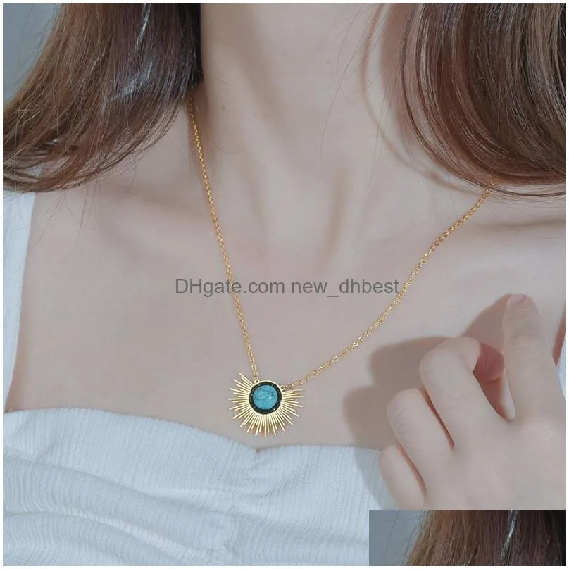 new fashion golden stainless steel chain necklace elegant sunflower turquoise necklace high quality jewelry female wholesale