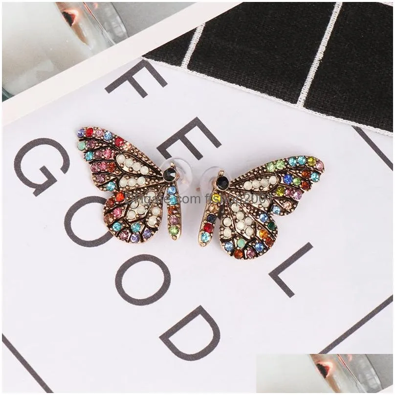  butterfly wing stud earring for women elegant colorful crystal ear nail simple temperament gold plating earring jewelry gift