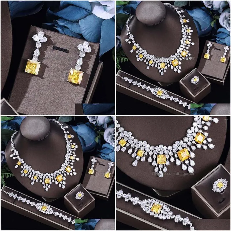 necklace earrings set 2022 exclusive cubic zirconia 4pcs turkish jewelry chain dubai platinum wedding party costume zydz001