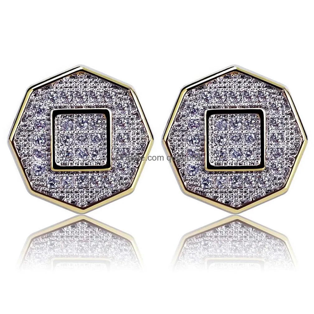 mens earrings hip hop iced out diamond square gold bling rapper stud earring