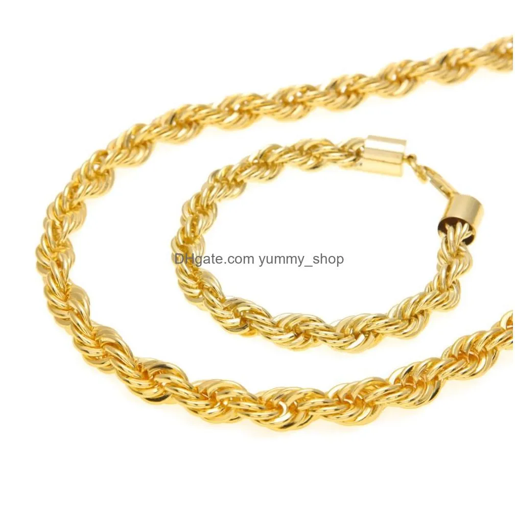 2pcs/set mens 14k gold silver twist cuban link chains necklaces and hip hop fashion jewelry bracelets