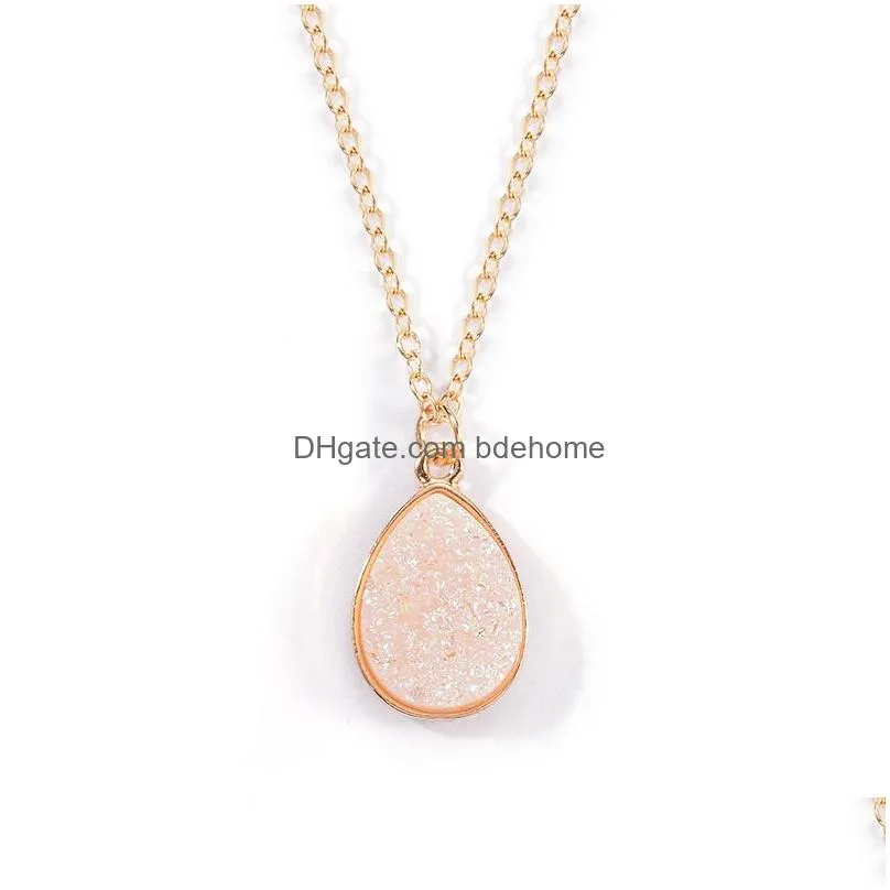 new arrival waterdrop resin druzy pendant necklace for women white pink blue geometry gold plating chain necklace fashion jewelry