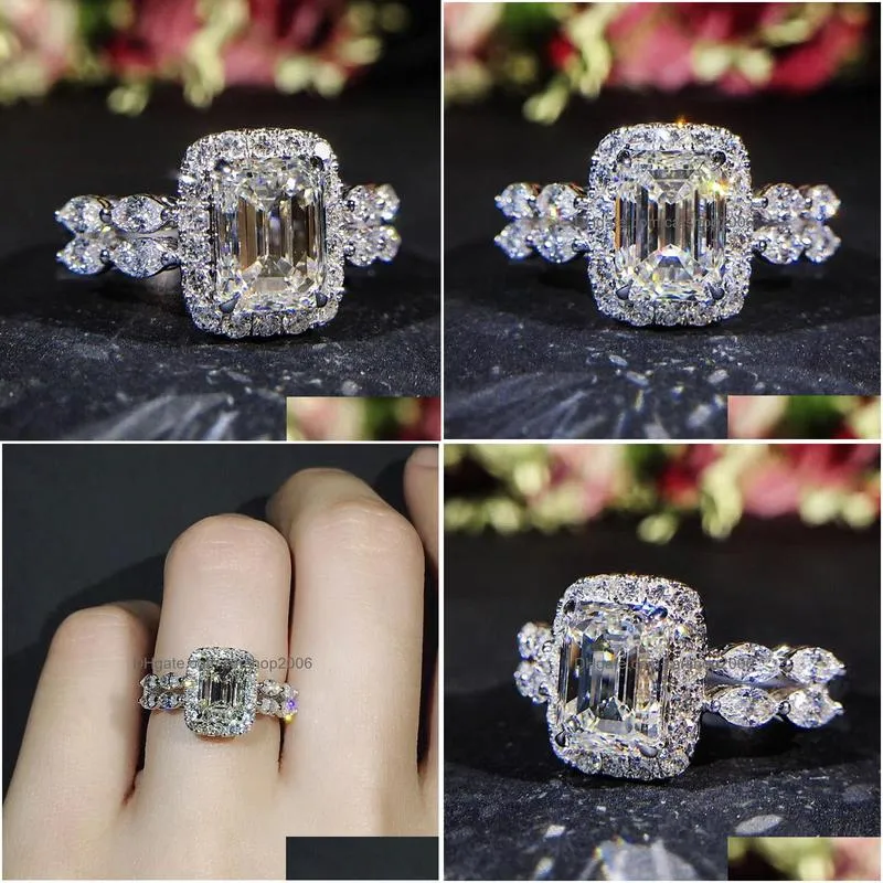 square zircon princess diamond ring with side stones geometric shape inlay engagement wedding rings for women fashion jewelry