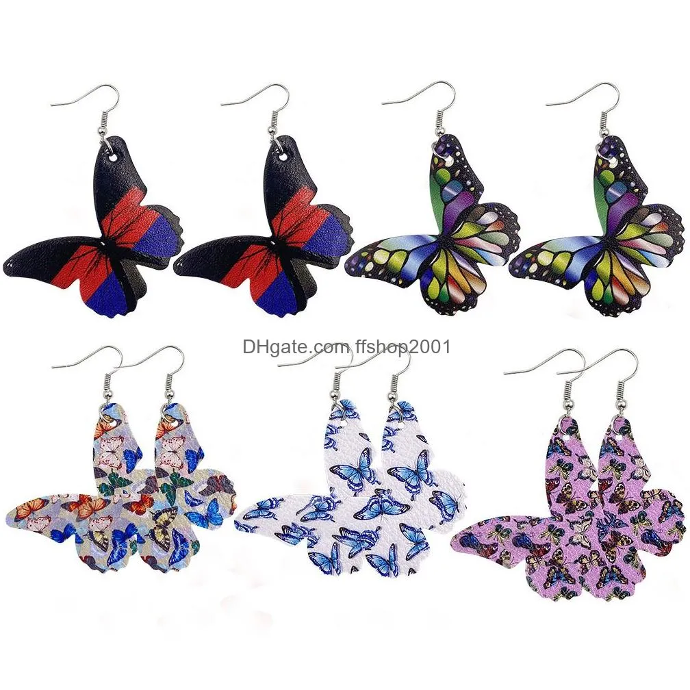 fashion designer pu leather earrings colorful butterfly pattern double side printed hook earrings for women summer jewelry
