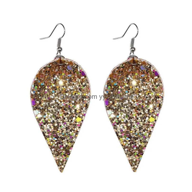  arrival fashion christmas pu leather leaf glitter dangle earring for women 6 colors sequin bling silver plating hook statement