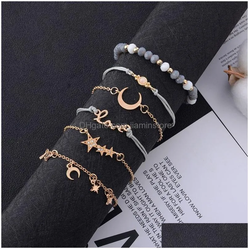 6 pcs / set star moon love crystal pendant gold acrylic bead bracelet for women classic multilayer braided rope chain bracelet set