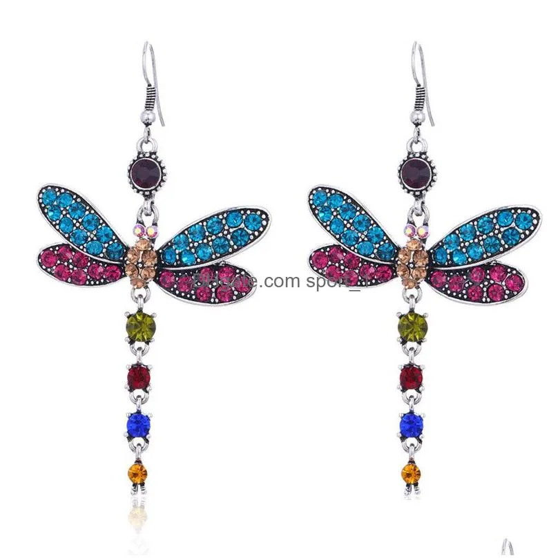 2019 fashion dragonfly tassel earring vintage drop dangle earrings boho colorful crystal rhinestone wedding drop earrings jewelry