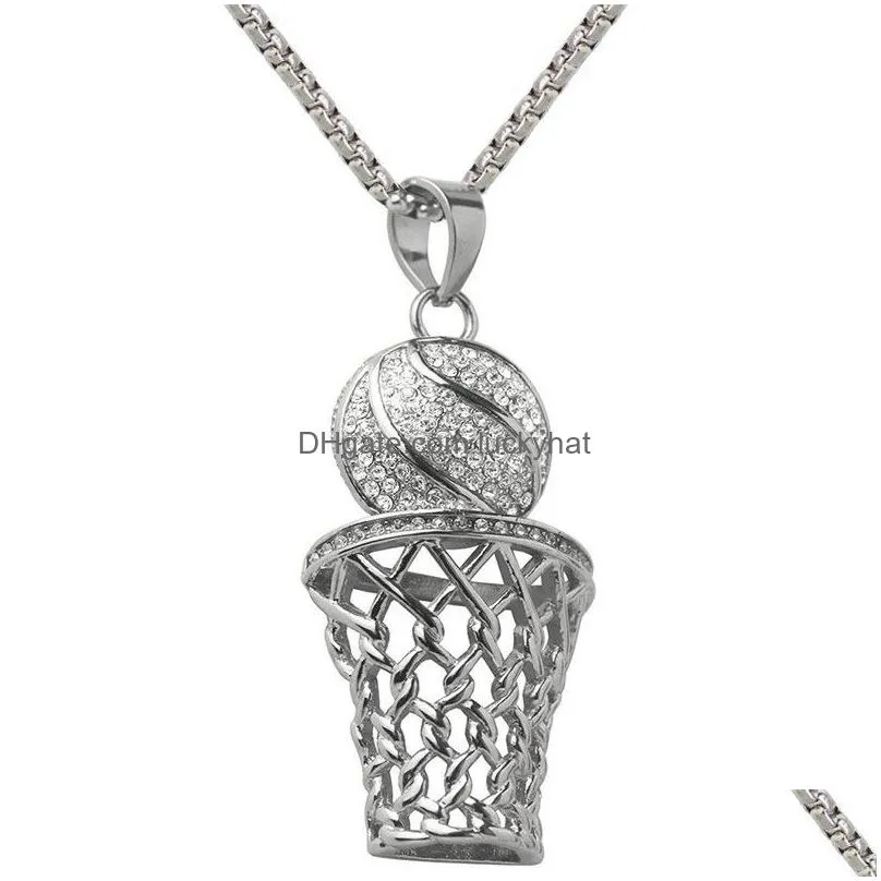 hip hop bling iced out full rhinestone basketball pendant necklace stainless steel sport long necklaces for mens jewelry