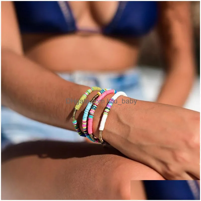 5pcs/set bohemian ethnic handmade bangle multicolor bracelet for women fashion copper beads bracelets soft pottery colorful holiday beach wristband