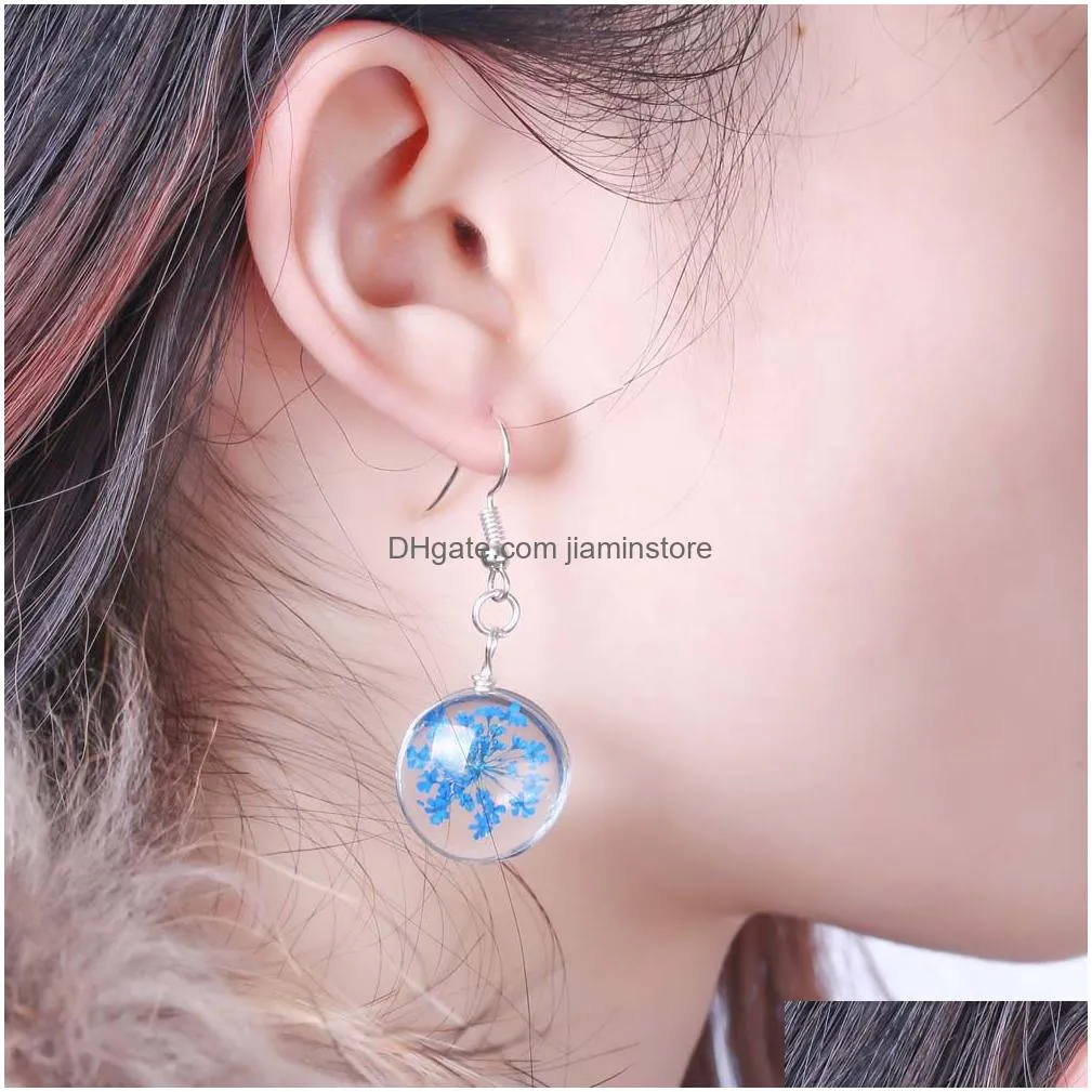 hot sell dried flower glass pendant dangle earring for women unique design 10 color flower hook earring fashion jewelry gift
