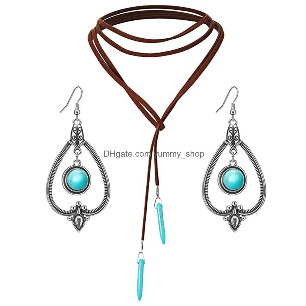 bohemian style retro turquoise jewelry set vintage dangle earrings korean velvet autumn and winter long sweater necklace female metal sliver ear hook
