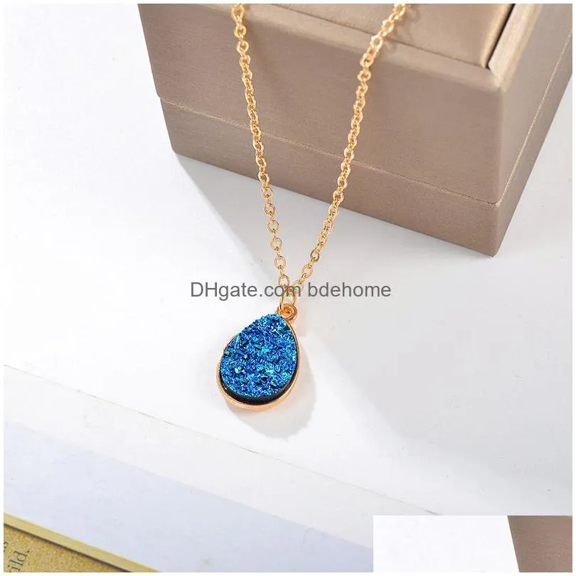 new arrival waterdrop resin druzy pendant necklace for women white pink blue geometry gold plating chain necklace fashion jewelry